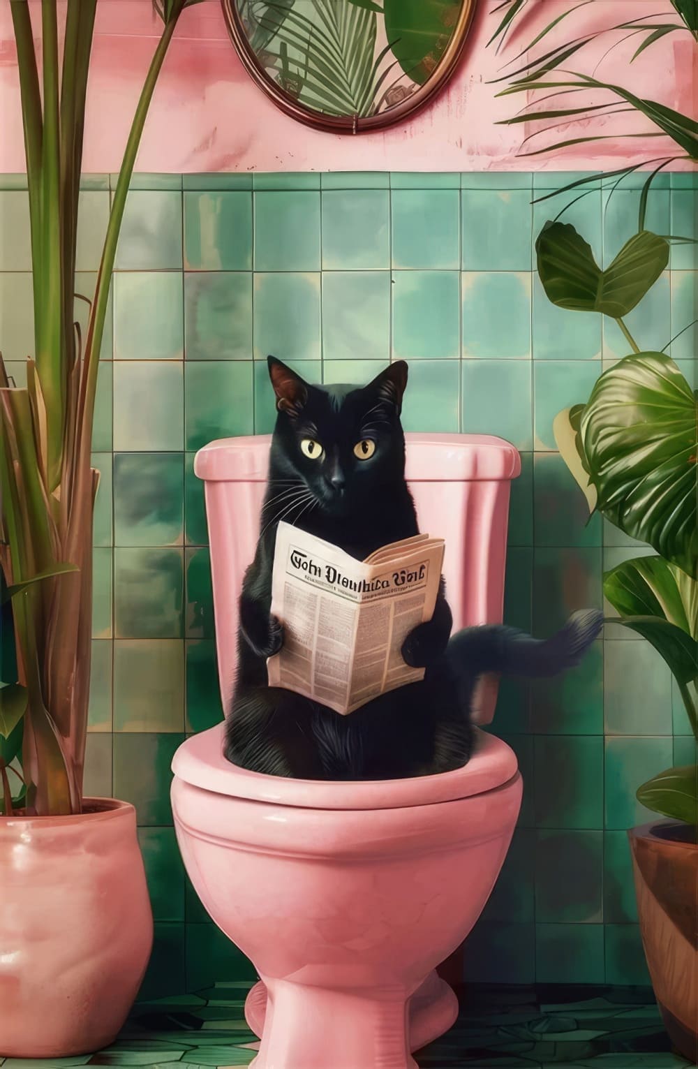 Toile Chat Lit le Journal WC